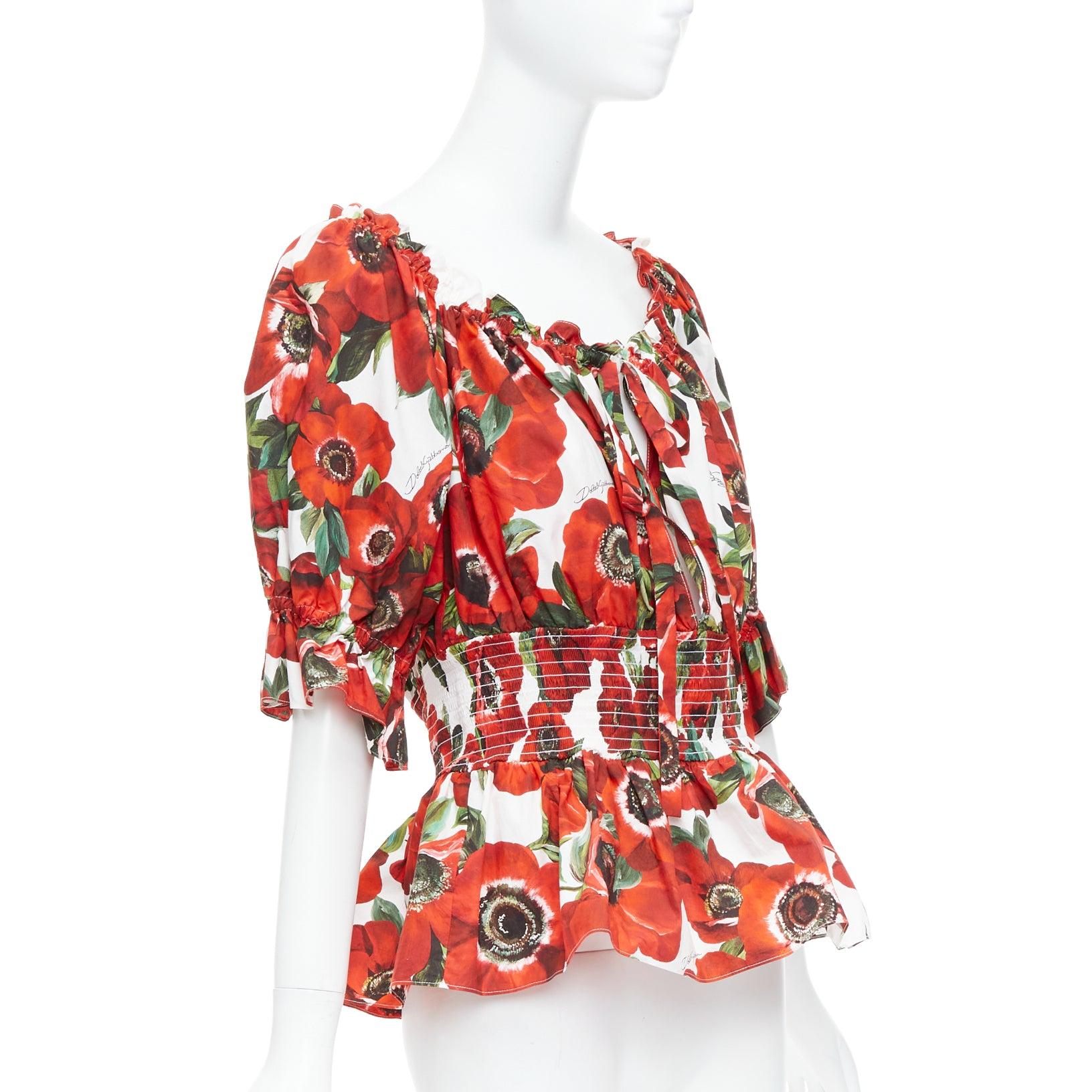 Marrone DOLCE GABBANA top peplum in popeline di cotone con stampa floreale anemone rosso IT48 XXL in vendita