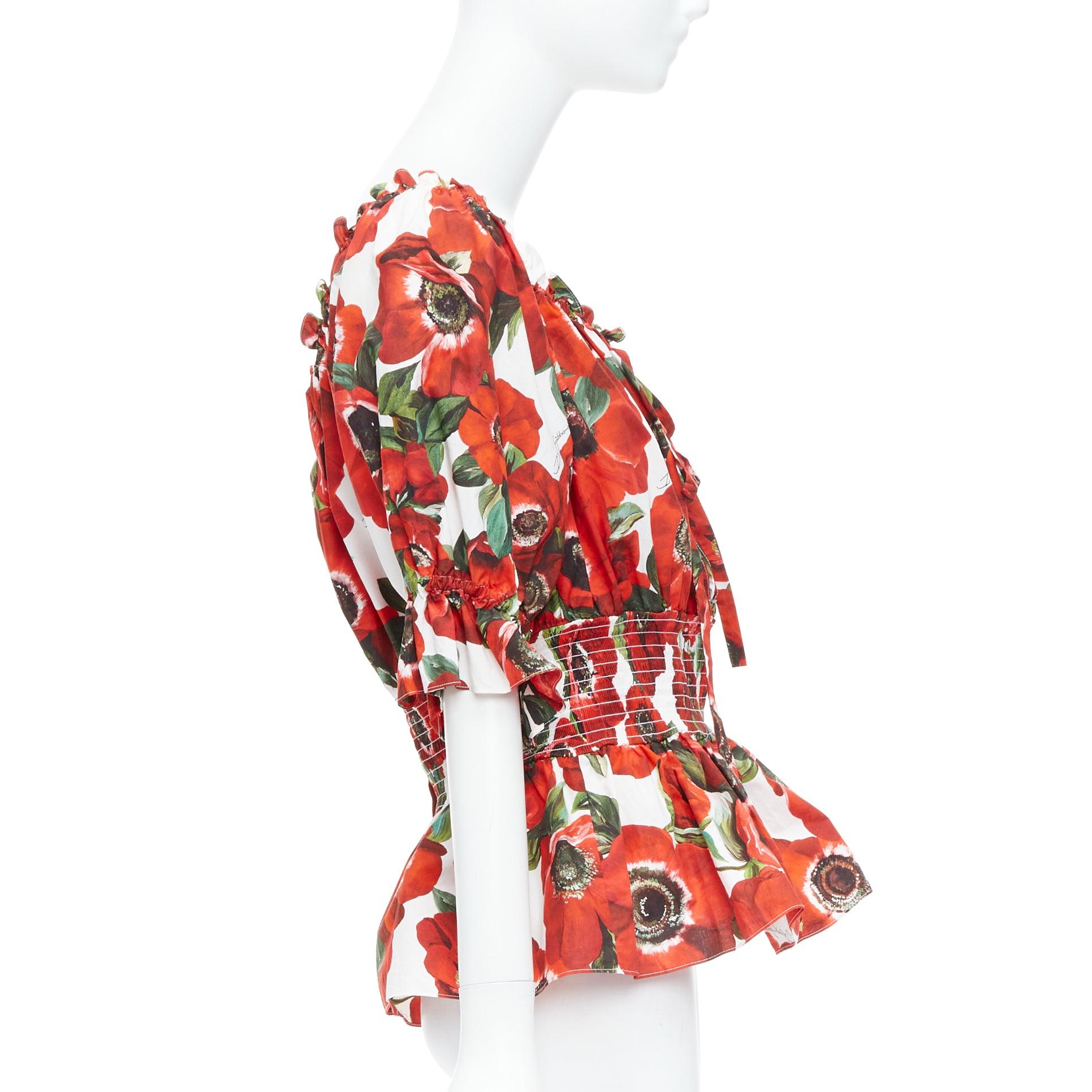 DOLCE GABBANA top peplum in popeline di cotone con stampa floreale anemone rosso IT48 XXL In condizioni ottime in vendita a Hong Kong, NT