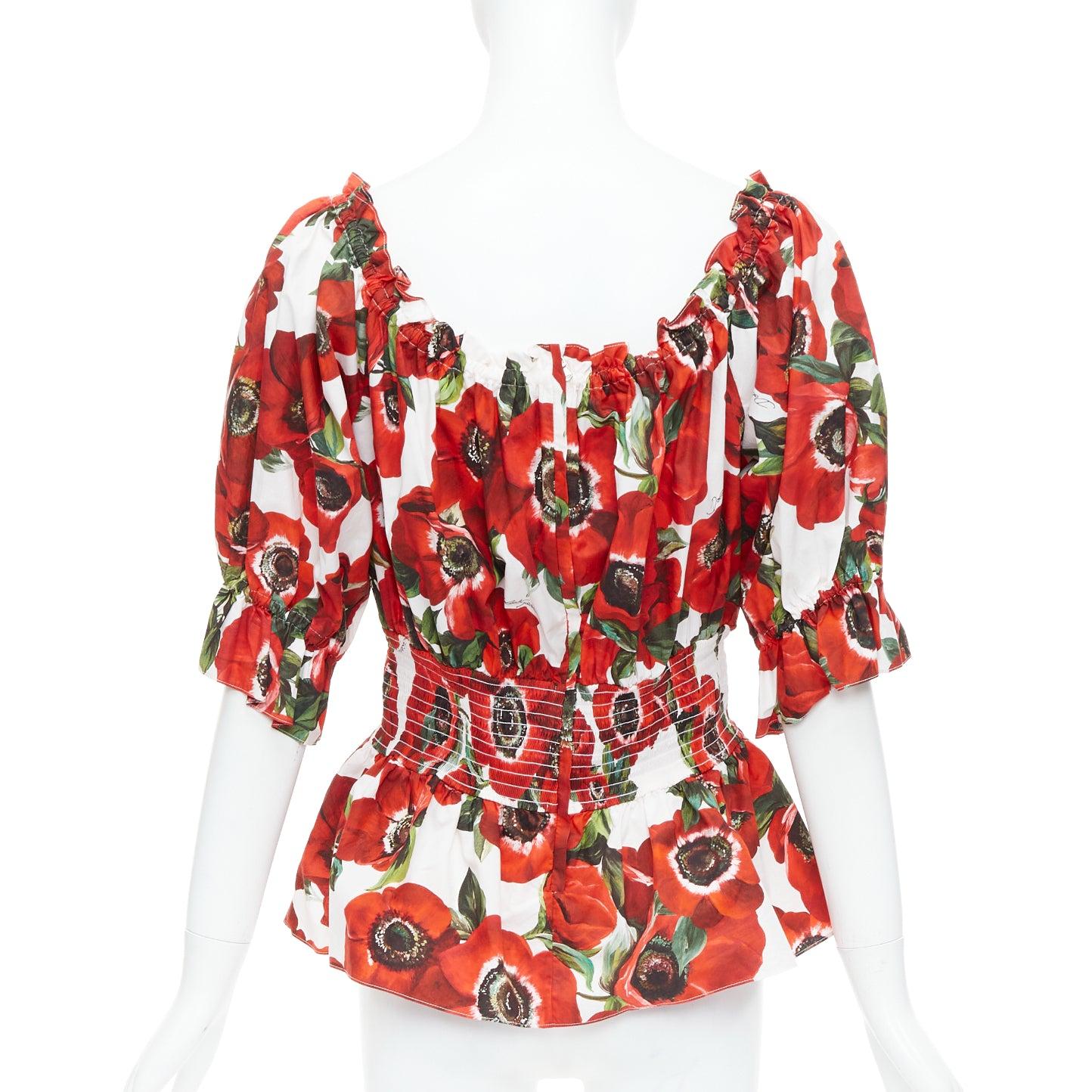 Donna DOLCE GABBANA top peplum in popeline di cotone con stampa floreale anemone rosso IT48 XXL in vendita
