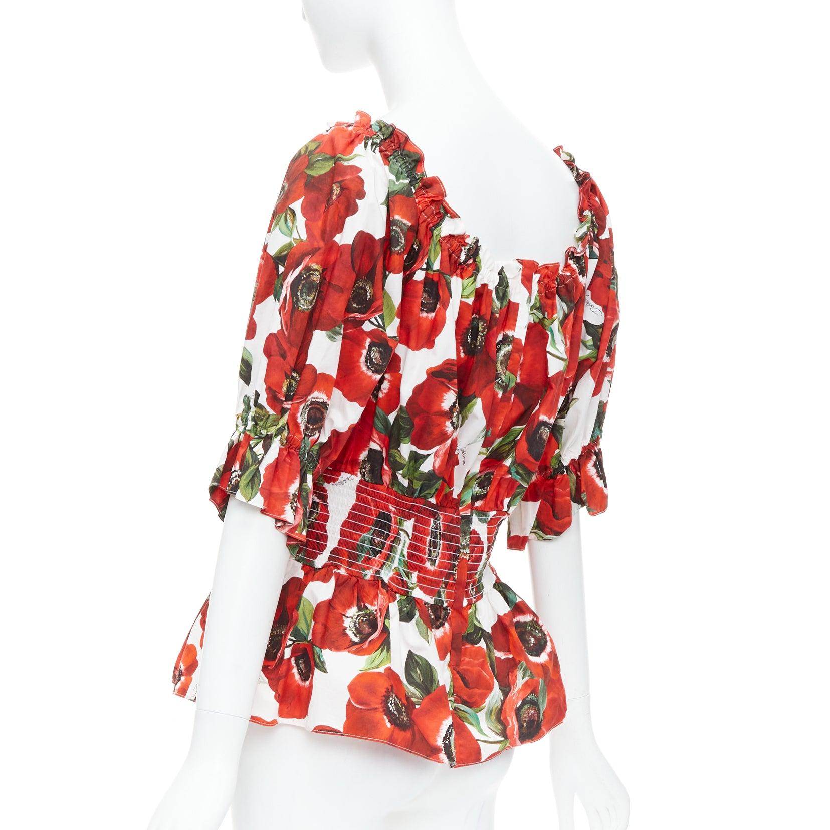 DOLCE GABBANA top peplum in popeline di cotone con stampa floreale anemone rosso IT48 XXL in vendita 1