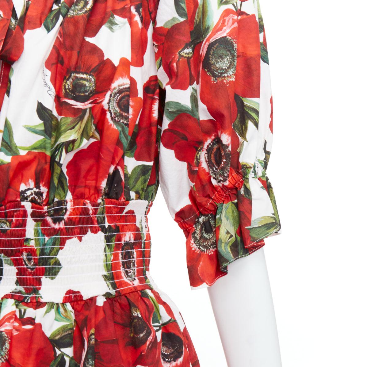 DOLCE GABBANA top peplum in popeline di cotone con stampa floreale anemone rosso IT48 XXL in vendita 2
