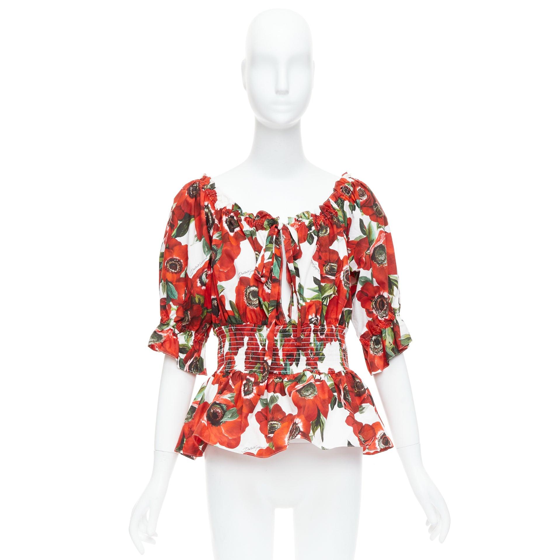 DOLCE GABBANA top peplum in popeline di cotone con stampa floreale anemone rosso IT48 XXL in vendita 4