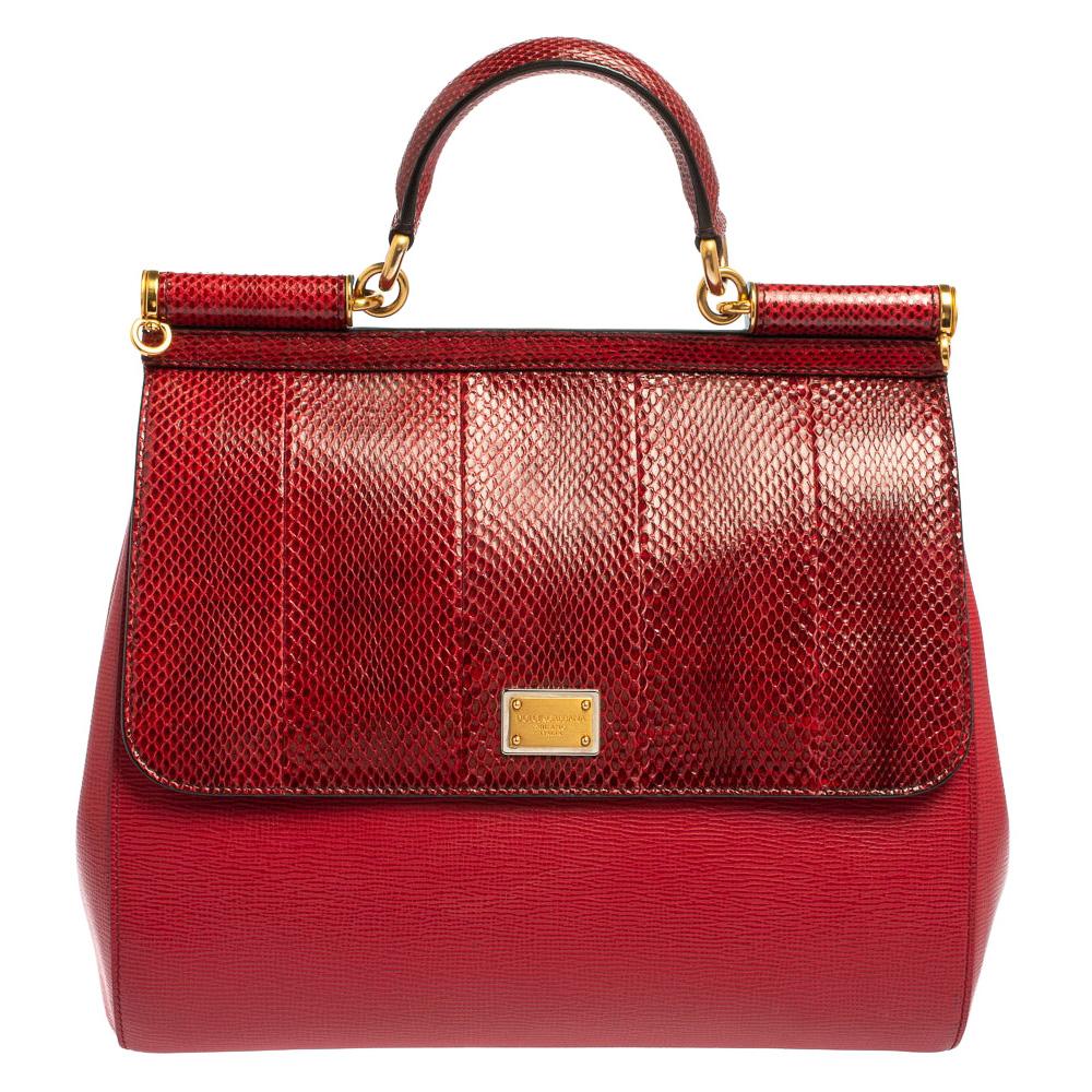 Dolce & Gabbana Red Ayers and Leather Large Miss Sicily Top Handle Bag