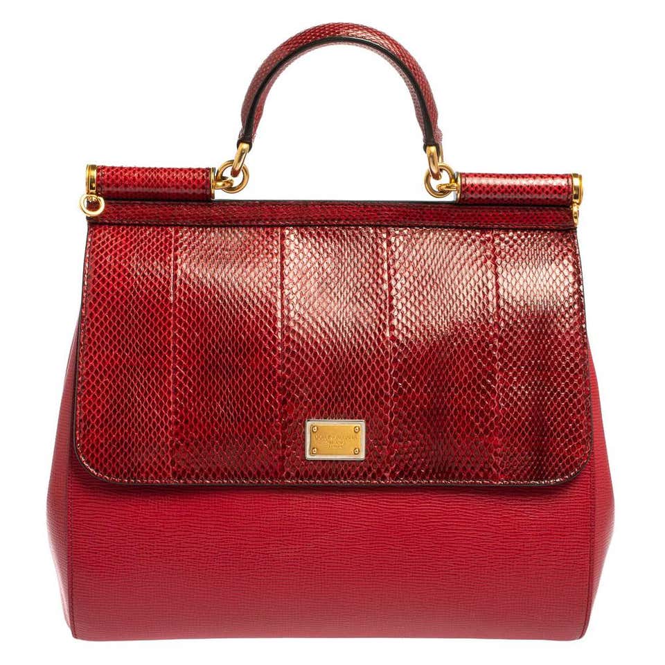 Carolina Herrera Red Signature Embossed Leather Camelot Top Handle Bag ...