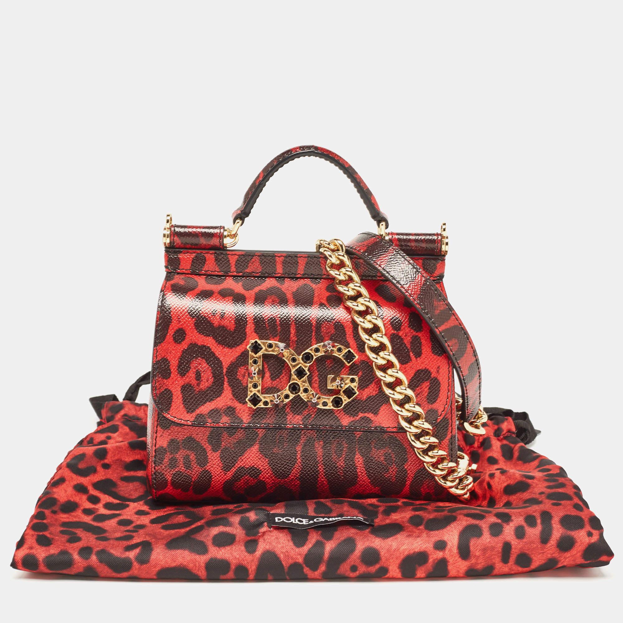 Dolce & Gabbana Red/Black Leopard Print Leather Mini Crystal and Spike DG Logo M 6