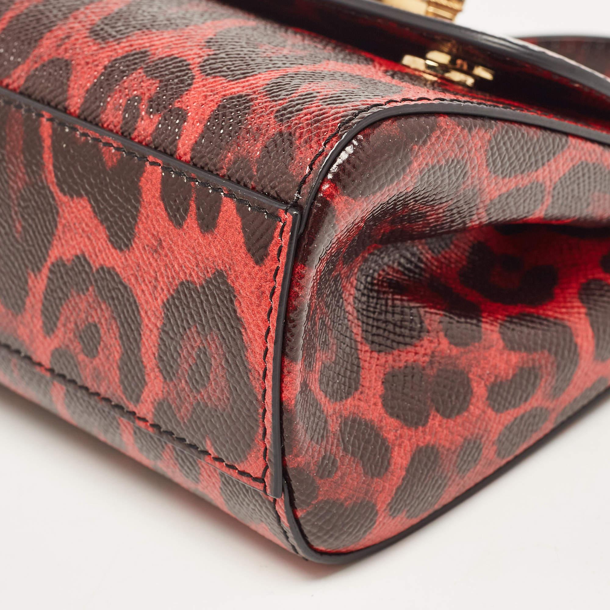 Dolce & Gabbana Red/Black Leopard Print Leather Mini Crystal and Spike DG Logo M In Excellent Condition In Dubai, Al Qouz 2
