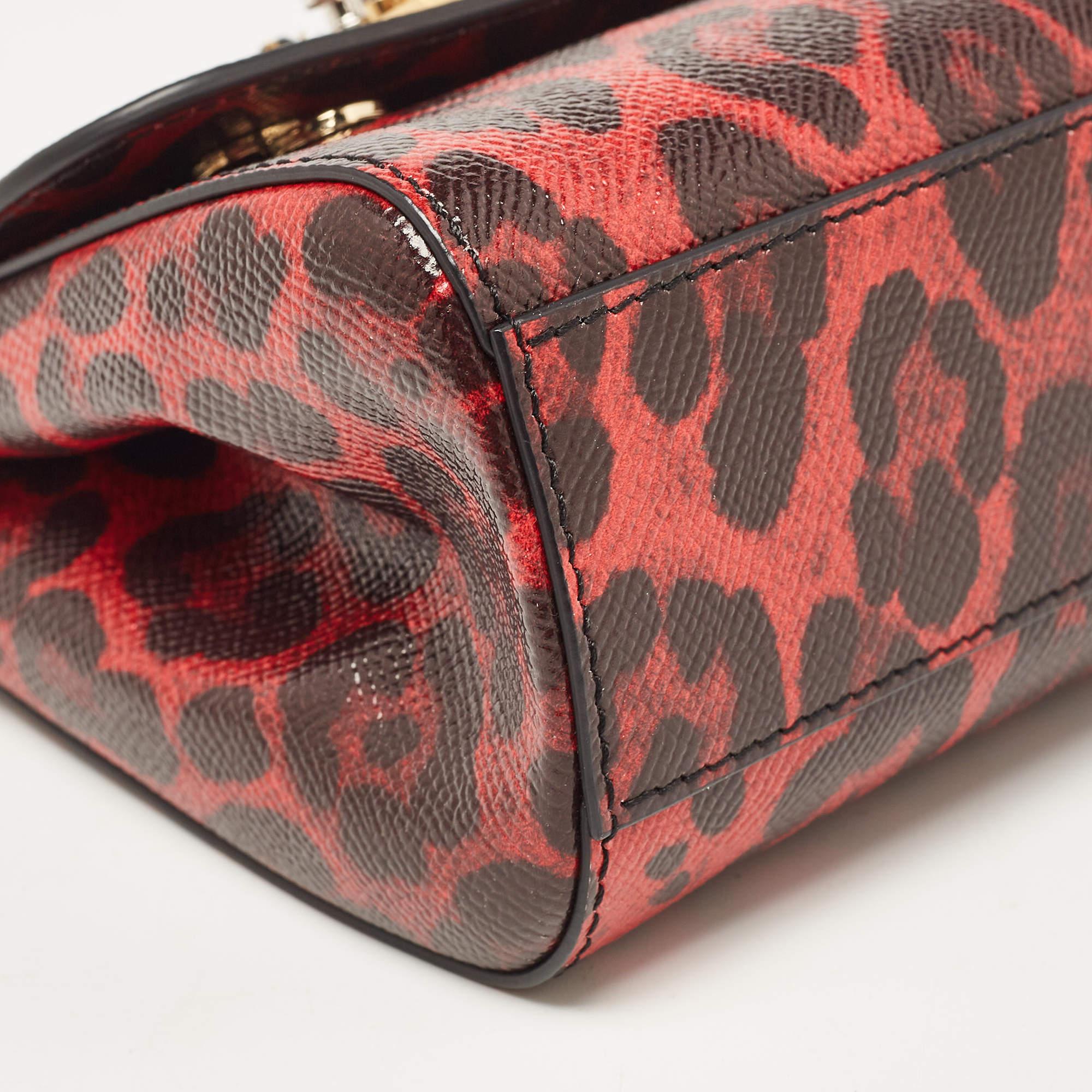 Women's Dolce & Gabbana Red/Black Leopard Print Leather Mini Crystal and Spike DG Logo M
