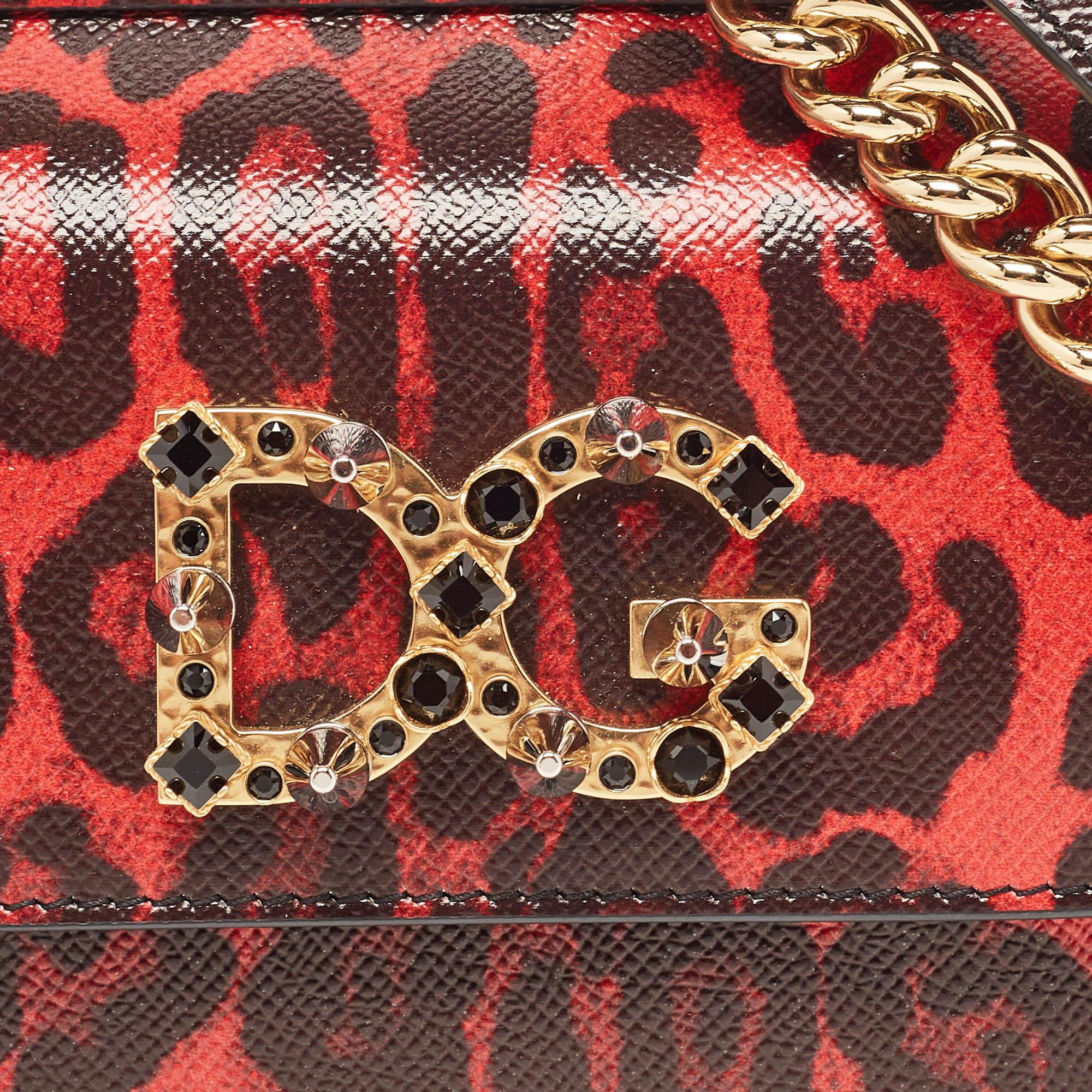 Dolce & Gabbana Red/Black Leopard Print Leather Mini Crystal and Spike DG Logo M 2