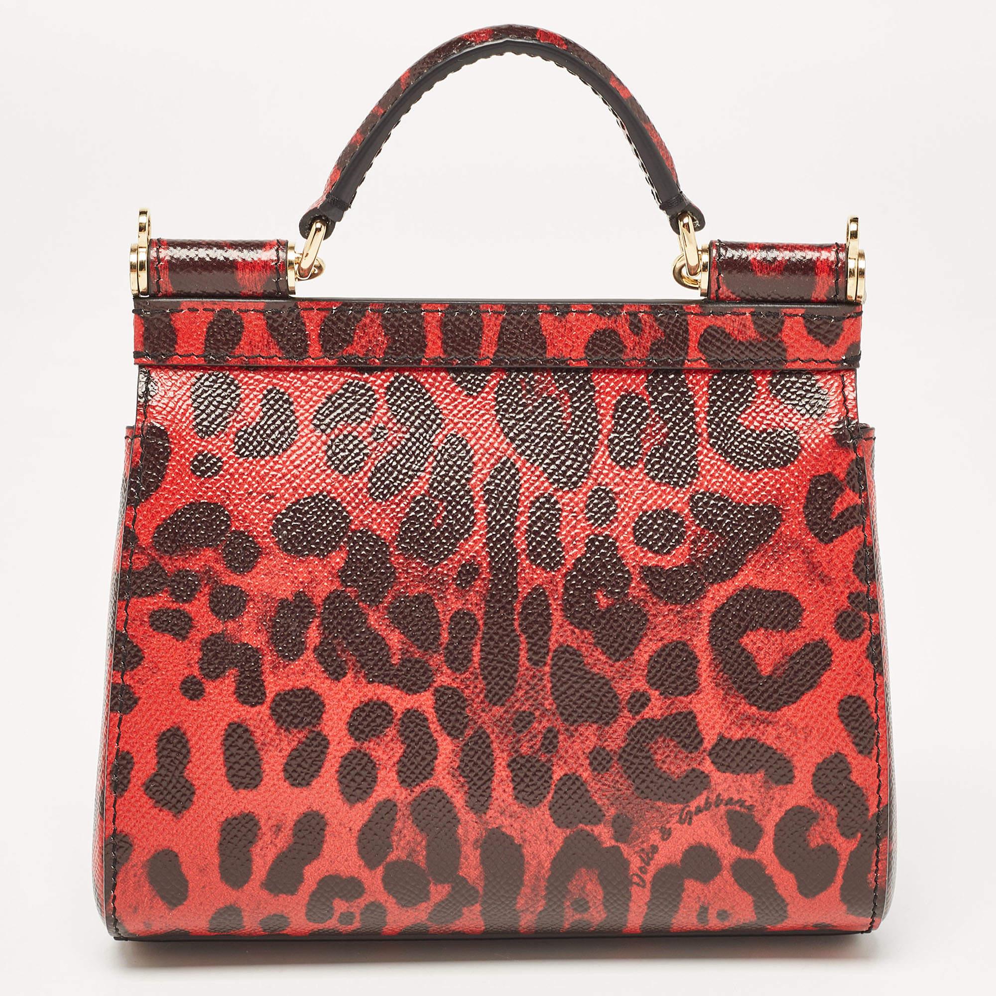 Dolce & Gabbana Red/Black Leopard Print Leather Mini Crystal and Spike DG Logo M 3