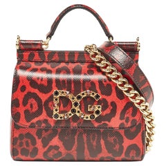 Dolce & Gabbana Red/Black Leopard Print Leather Mini Crystal and Spike DG Logo M