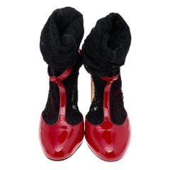 Dolce & Gabbana Red/Black Patent Leather And Lace Sock Pumps Size 37