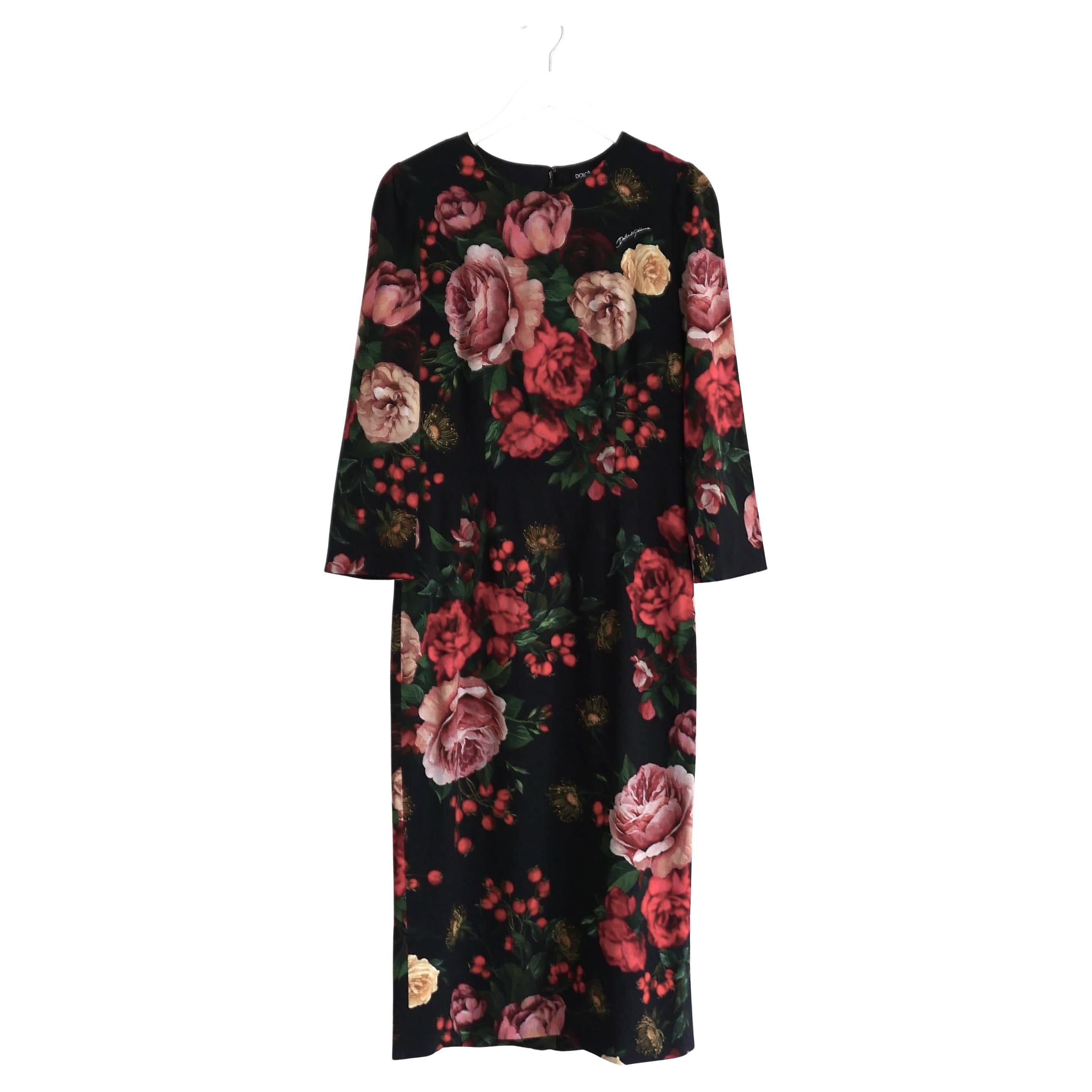 Dolce & Gabbana Red & Black Rose Print Sheath Dress