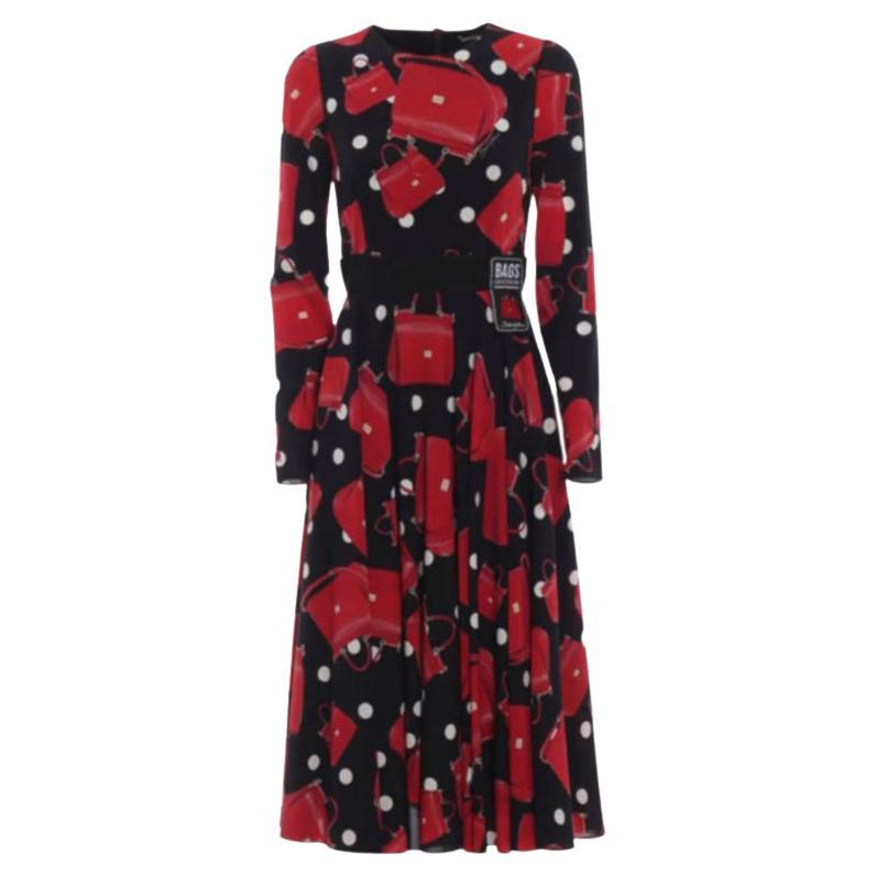 Dolce & Gabbana Red Black Silk Sicily Bag Runway Midi Dress Handbag Mid-length