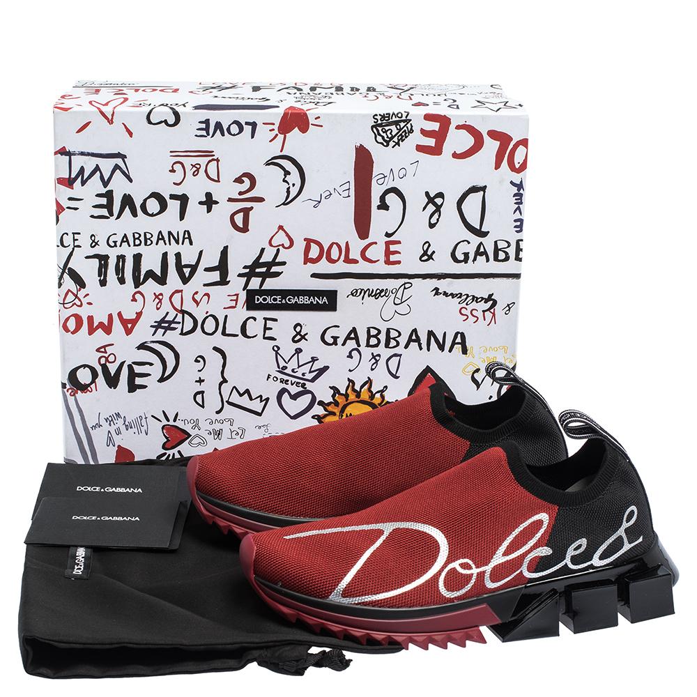 Dolce & Gabbana Red/Black Stretch Jersey Logo Print Slip On Sneakers Size 37 In New Condition In Dubai, Al Qouz 2