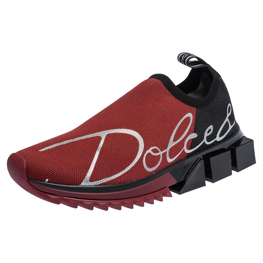 Dolce & Gabbana Red/Black Stretch Jersey Logo Print Slip On Sneakers Size 37