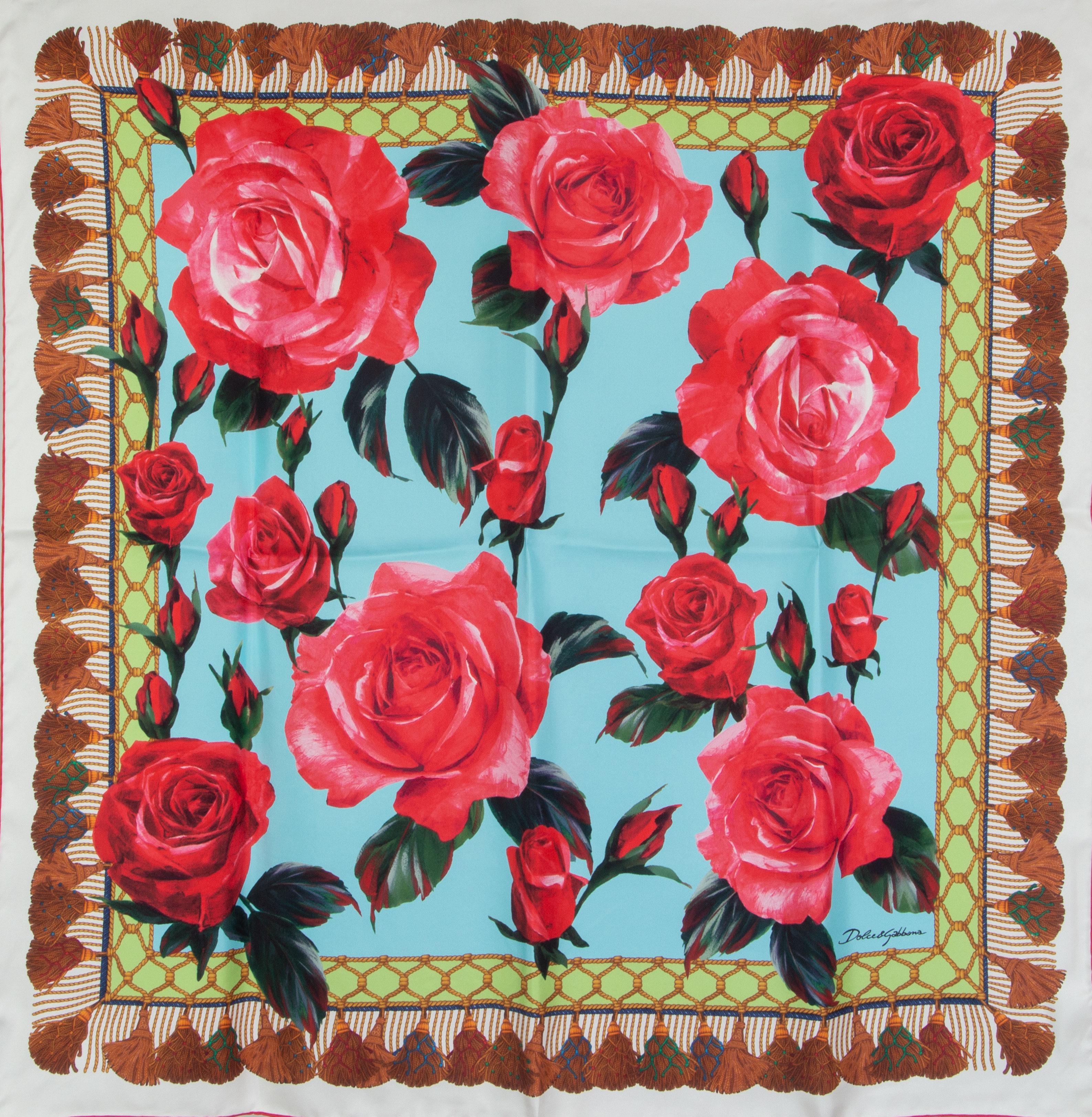 Dolce & Gabbana rose and tassel-print scarf in red, pink, rose, lime green,light blue, cognac and forest green silk (100%). Has been worn and is in excellent condition. 

Width 90cm (35.1in)
Length 90cm (35.1in)
