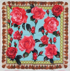 DOLCE & GABBANA red & blue ROSES & TASSELS silk twill Scarf
