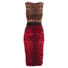 Dolce & Gabbana Red & Brown Animal Printed Silk Ruched Dress S
