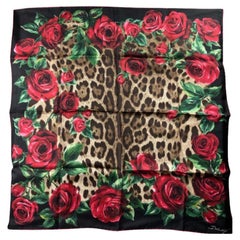 Dolce & Gabbana Red Brown Silk Rose Leopard Printed Silk Scarf Floral Italy D&G