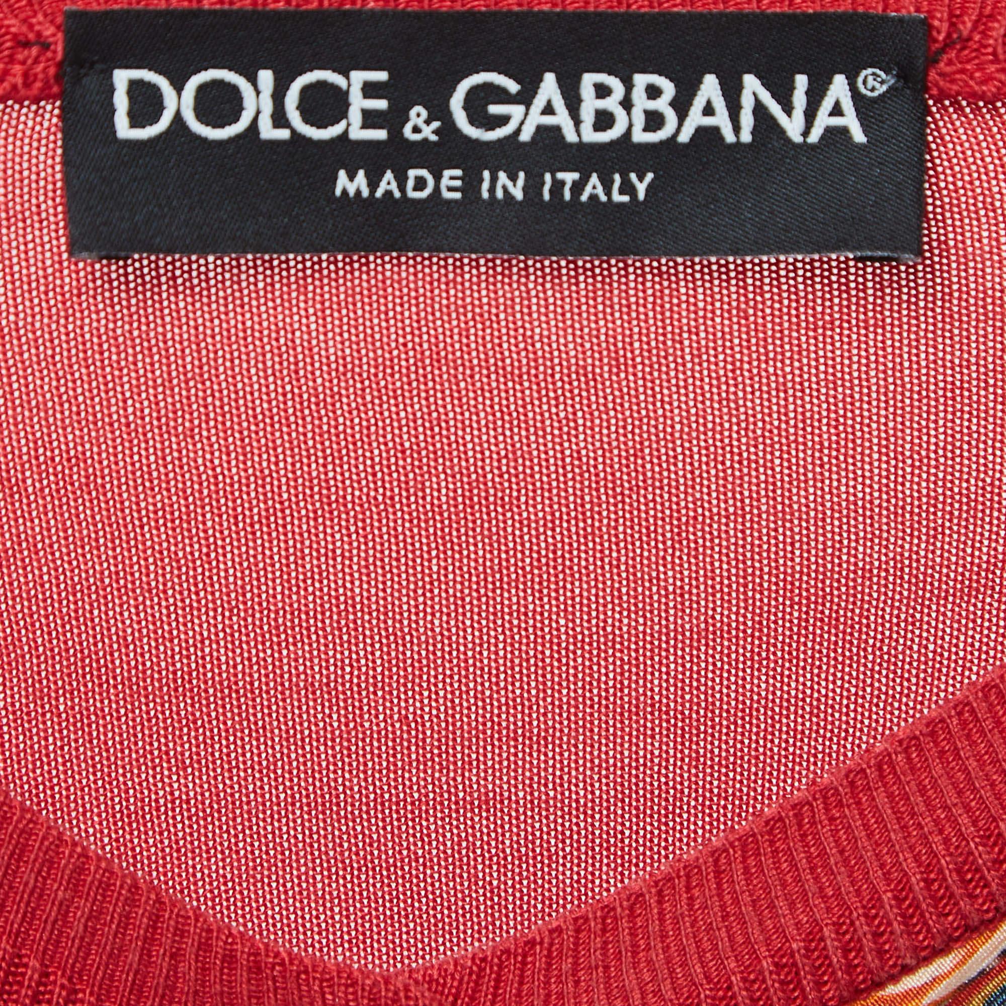 Dolce & Gabbana Red Carretto Print Silk Knit Button Front Cardigan M 1