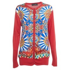 Dolce & Gabbana Red Carretto Print Silk Knit Button Front Cardigan M