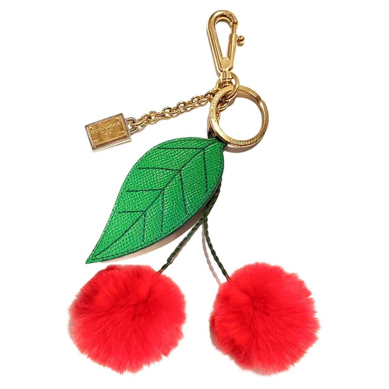 Dolce and Gabbana Red Cherry Pom Pom Gold Tone Key Ring Bag Charm For