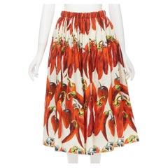 DOLCE GABBANA red Chilli print full flared cotton midi skirt IT38 XS