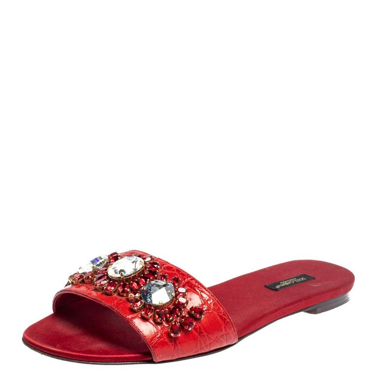 Dolce and Gabbana Red Corcodile and Satin Flat Slides Size 41 at 1stDibs
