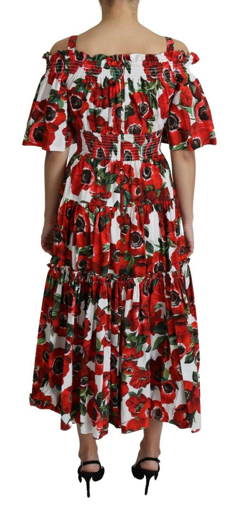 Brown Dolce & Gabbana Red Cotton Anemoni Floral Maxi Dress Flowers Open Shoulder