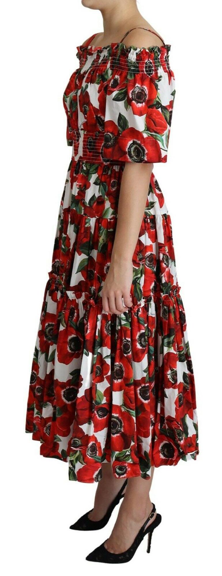 Dolce & Gabbana Red Cotton Anemoni Floral Maxi Dress Flowers Open Shoulder In New Condition In WELWYN, GB