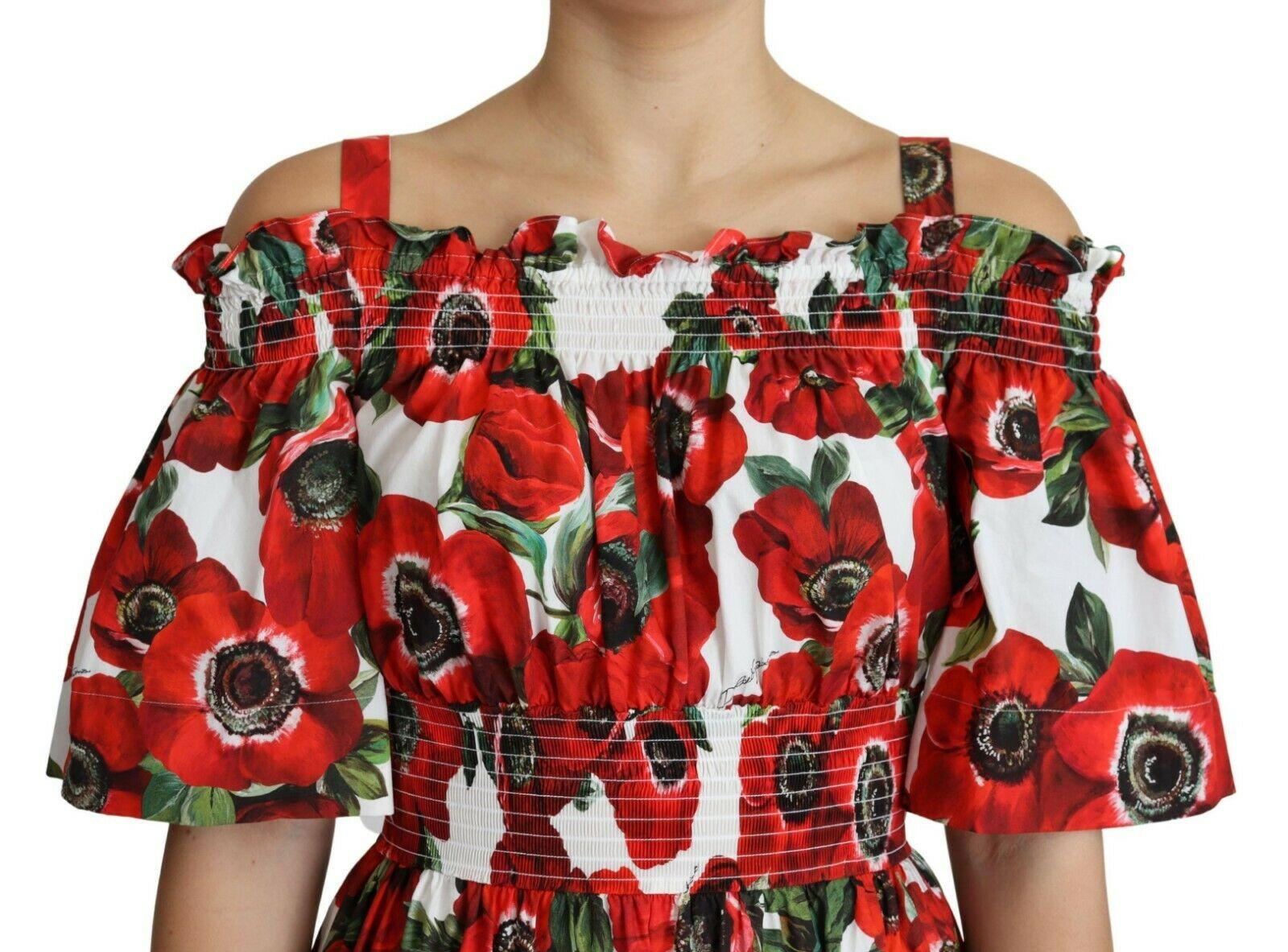 Women's Dolce & Gabbana Red Cotton Anemoni Floral Maxi Dress Flowers Open Shoulder