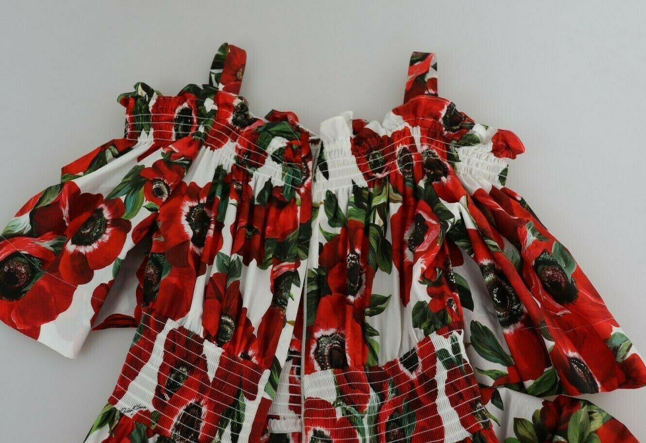 Dolce & Gabbana Red Cotton Anemoni Floral Maxi Dress Flowers Open Shoulder 2
