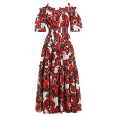 Dolce & Gabbana Red Cotton Anemoni Floral Maxi Dress Flowers Open Shoulder