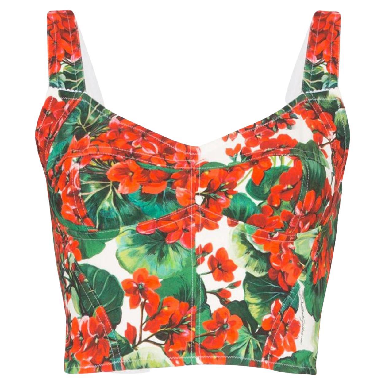 Dolce and Gabbana Red Cotton Geranium Floral Corset Cropped Top Flowers DG  at 1stDibs
