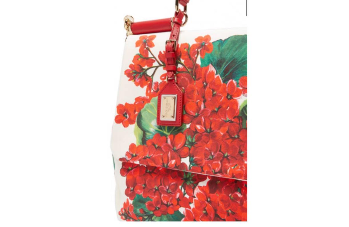 Dolce & Gabbana Rot Baumwolle Leder Geranie Sizilien Handtasche Umhängetasche Blumen 1