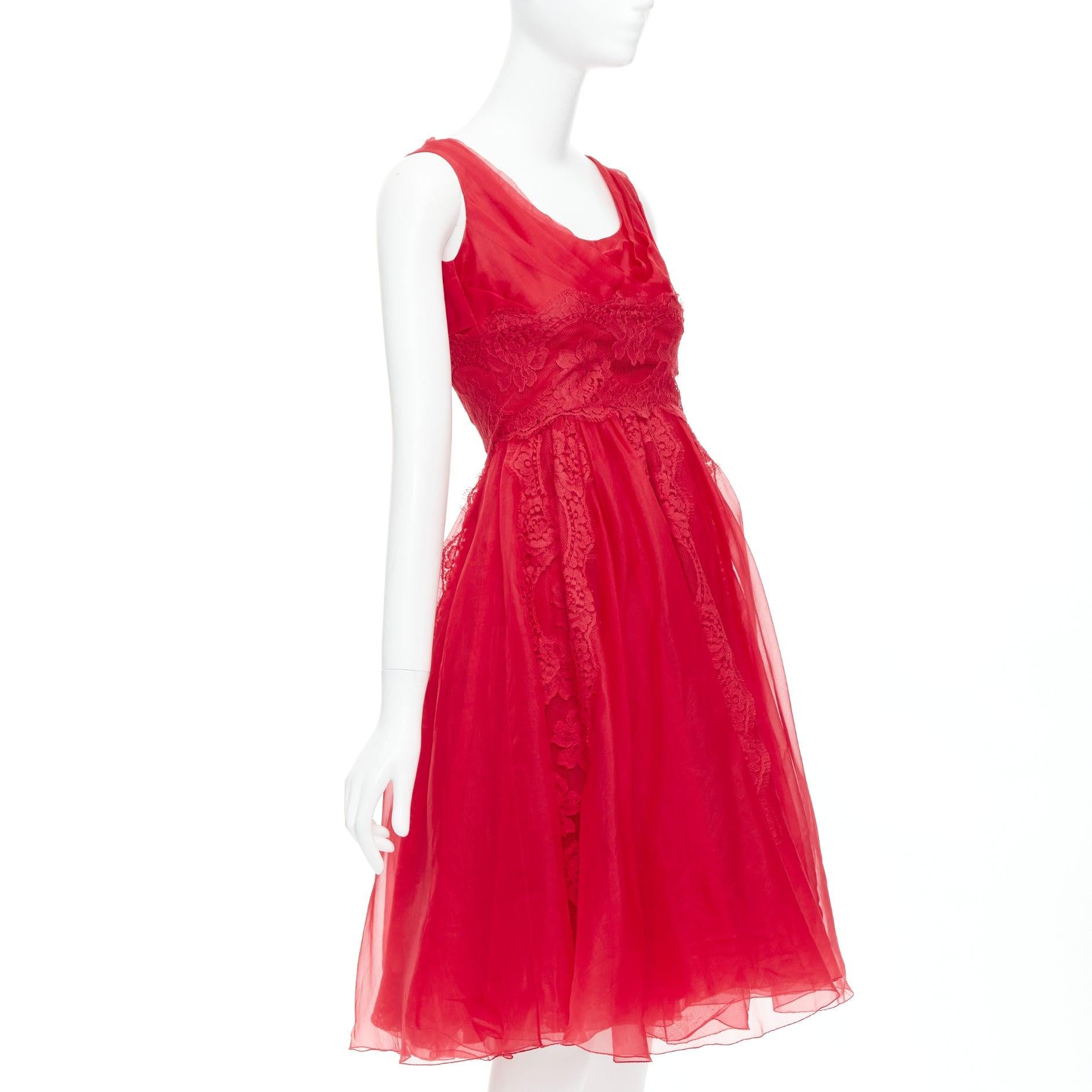 Red DOLCE GABBANA red cotton silk blend lace tulle fit flared dress IT36 XXS For Sale