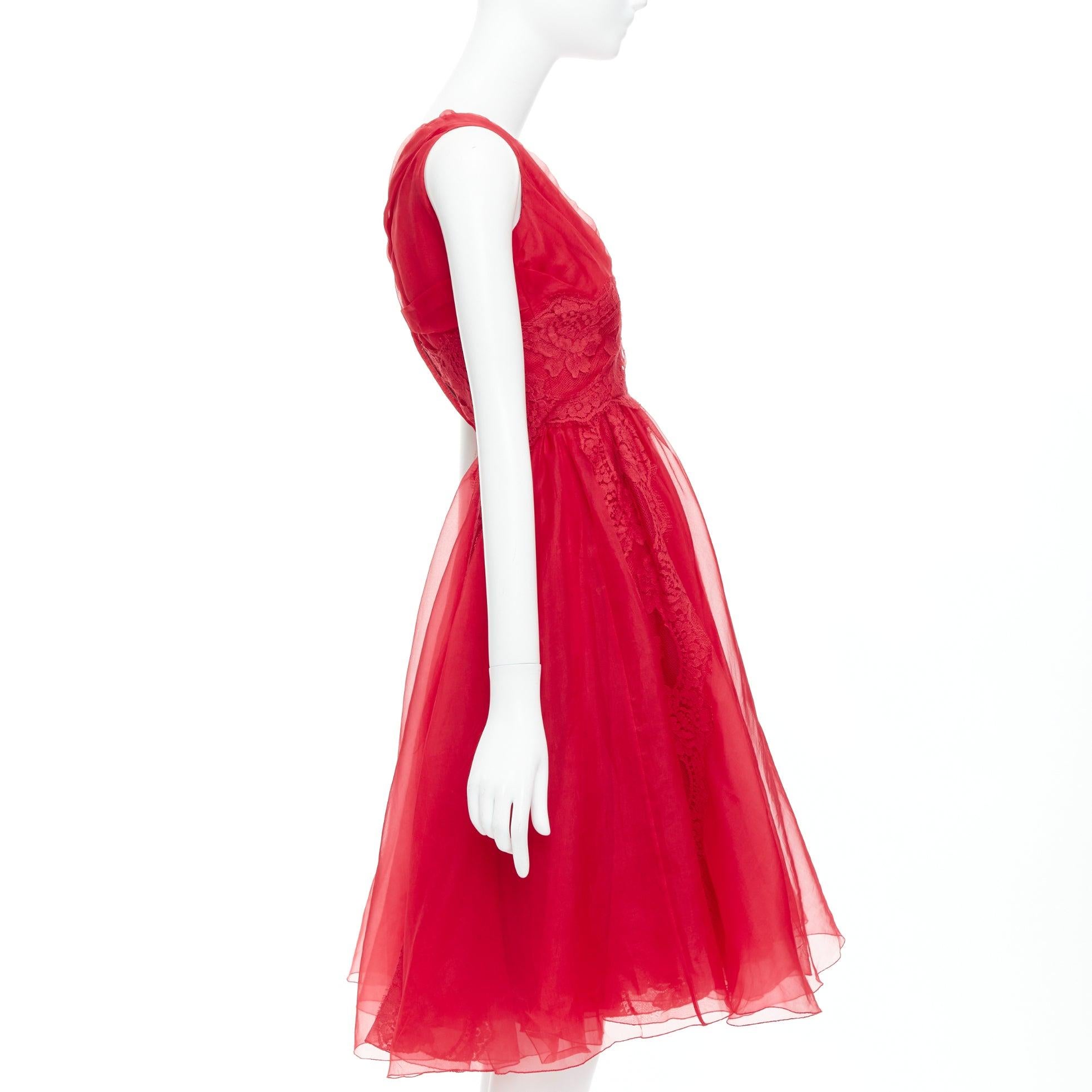 DOLCE GABBANA red cotton silk blend lace tulle fit flared dress IT36 XXS In Excellent Condition For Sale In Hong Kong, NT