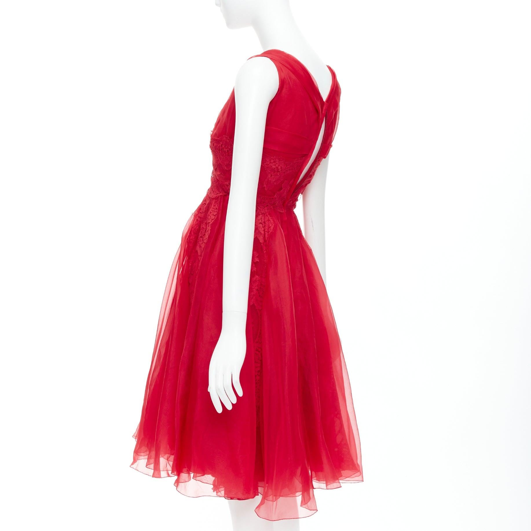 DOLCE GABBANA red cotton silk blend lace tulle fit flared dress IT36 XXS For Sale 1