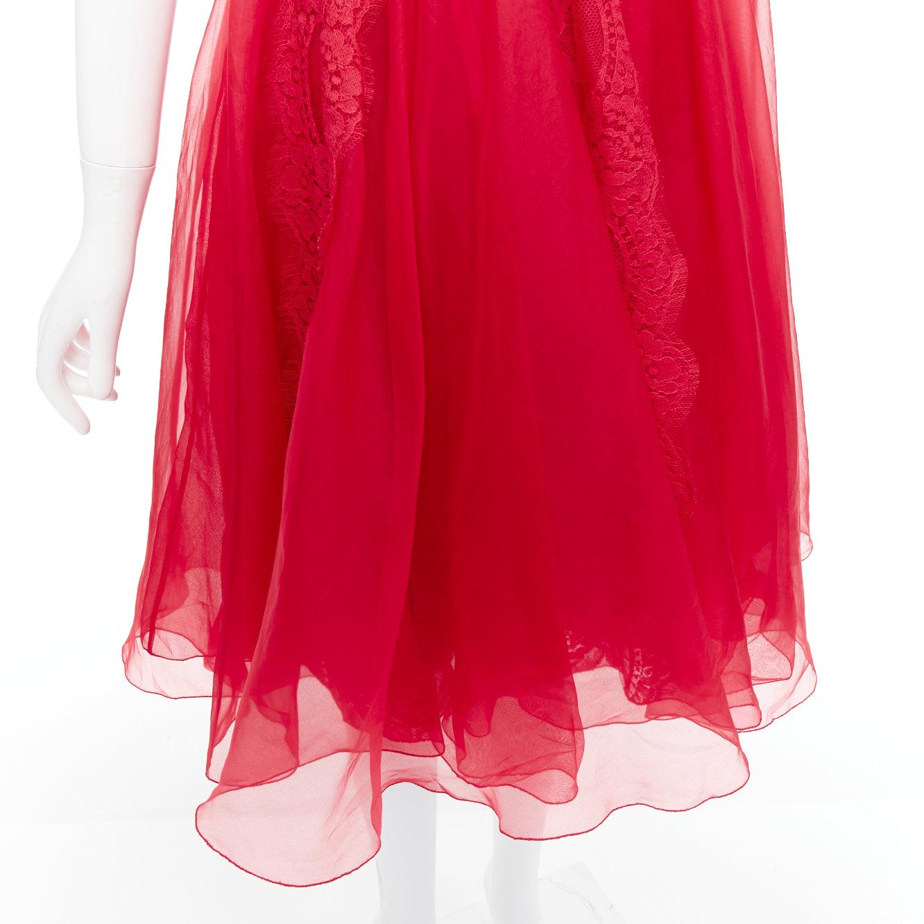 DOLCE GABBANA red cotton silk blend lace tulle fit flared dress IT36 XXS For Sale 2