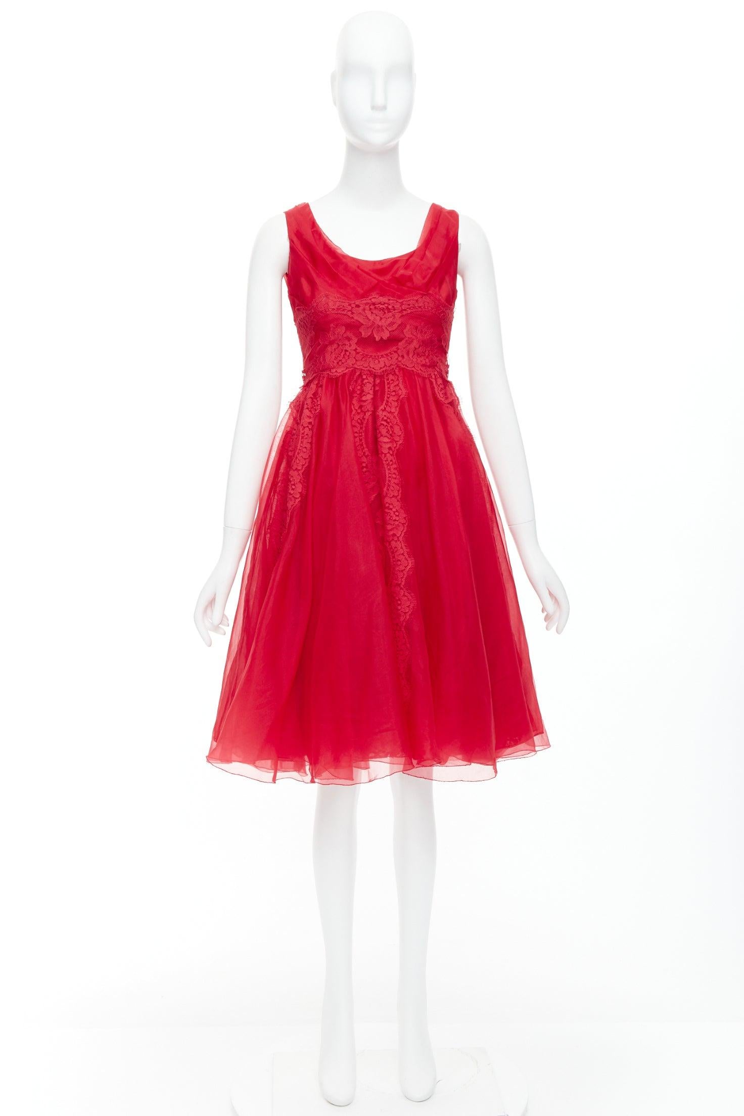 DOLCE GABBANA red cotton silk blend lace tulle fit flared dress IT36 XXS For Sale 4