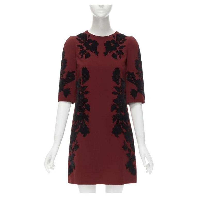 DOLCE GABBANA red crepe black floral velvet devore sheath dress IT36 XS