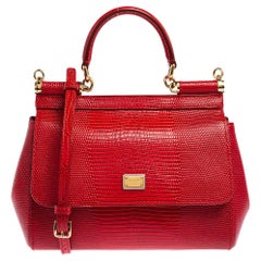 Dolce & Gabbana Red Croc Embossed Leather Small Miss Sicily Top Handle Bag