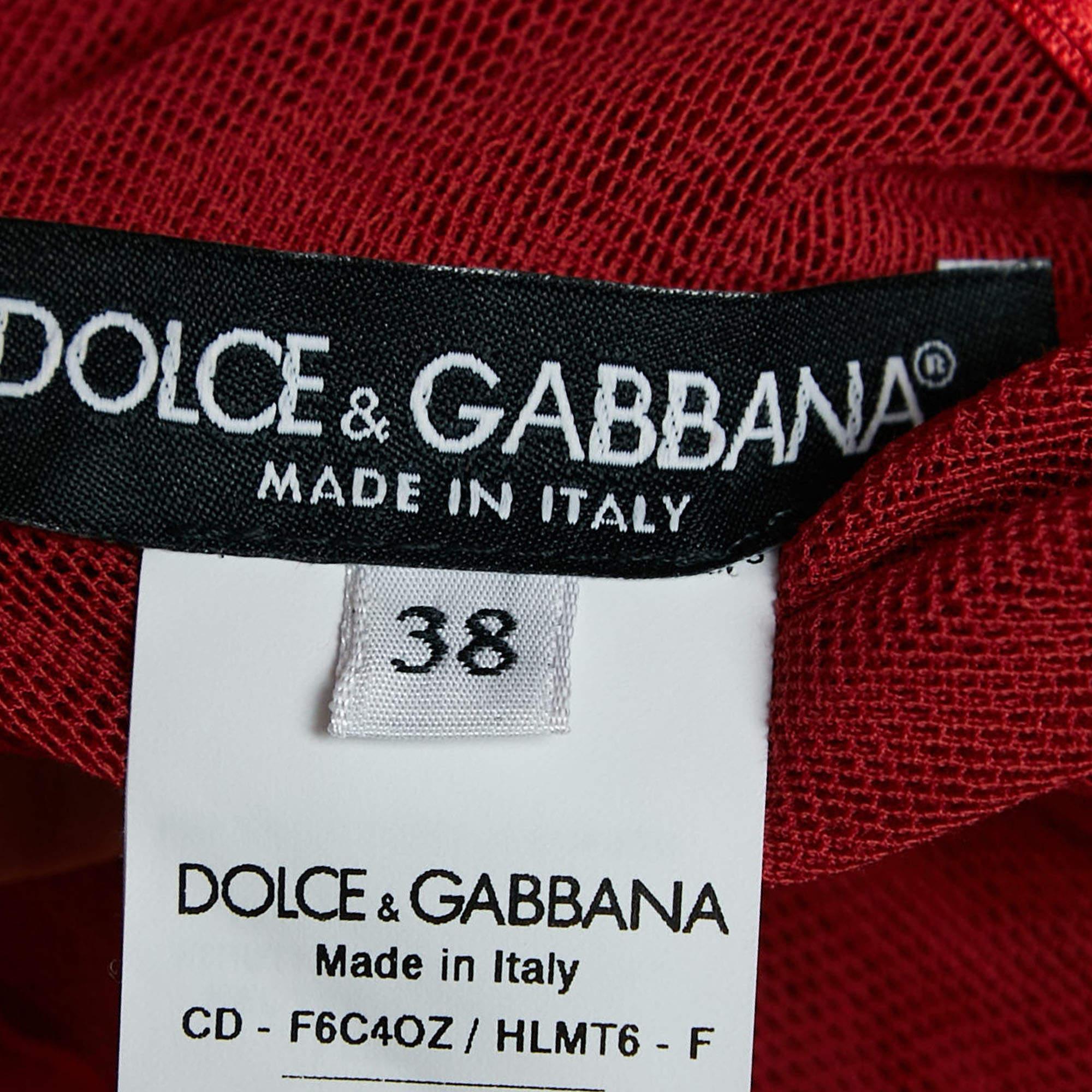 Women's Dolce & Gabbana Red Dotted Tulle Feather Detail Midi Dress S