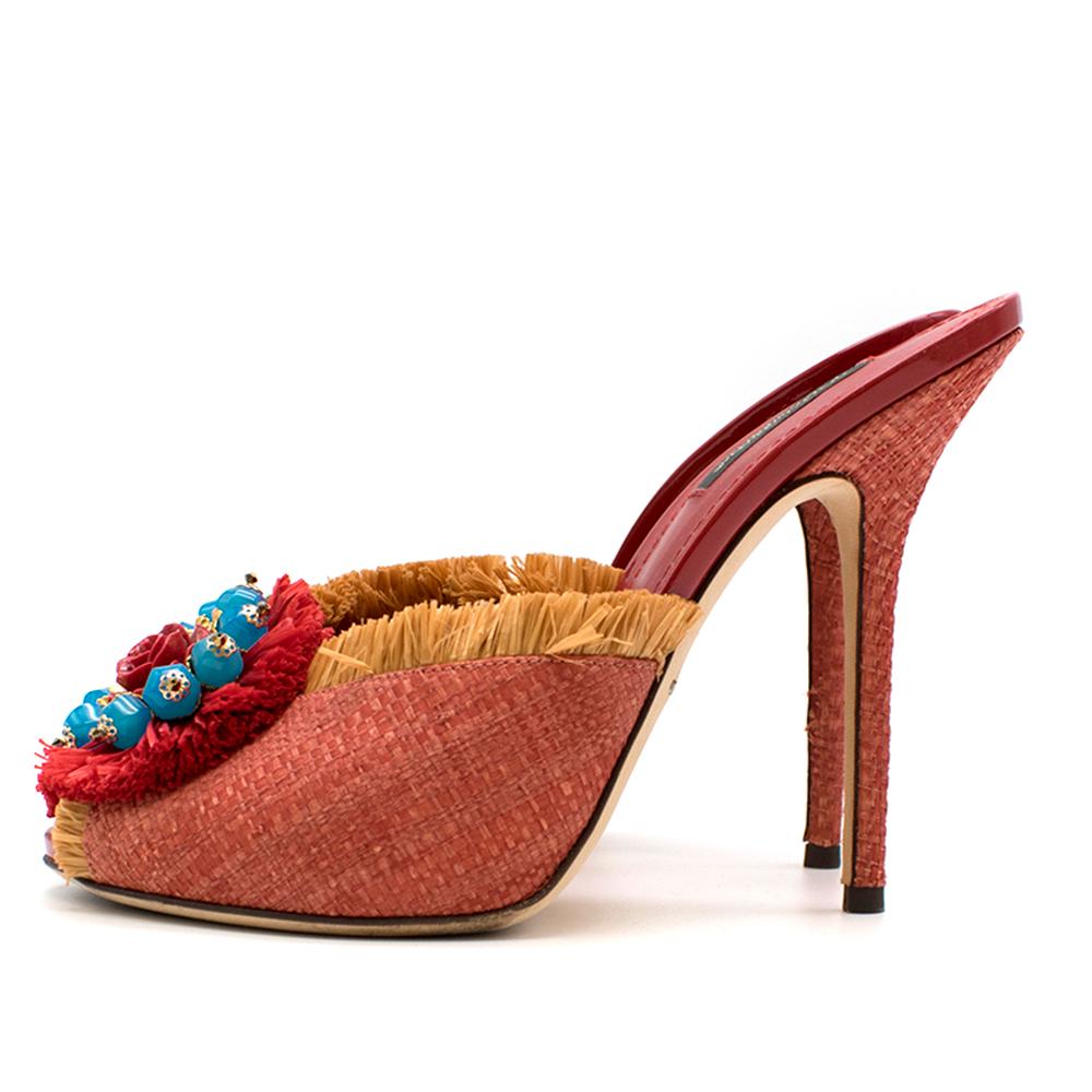 Dolce & Gabbana Red Embellished Fringed Woven Raffia Mules SIZE 39 1