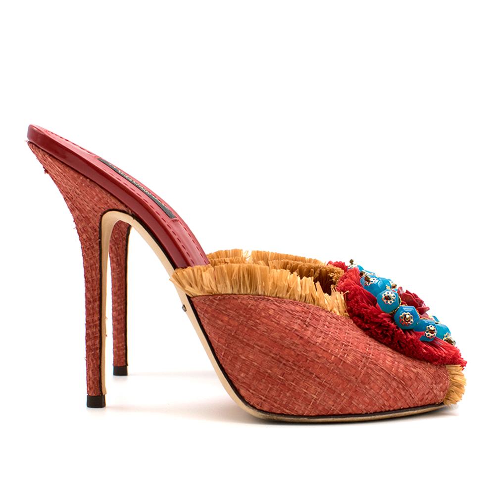 Dolce & Gabbana Red Embellished Fringed Woven Raffia Mules SIZE 39 3