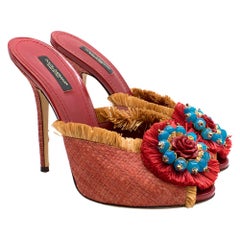 Dolce & Gabbana Red Embellished Fringed Woven Raffia Mules SIZE 39