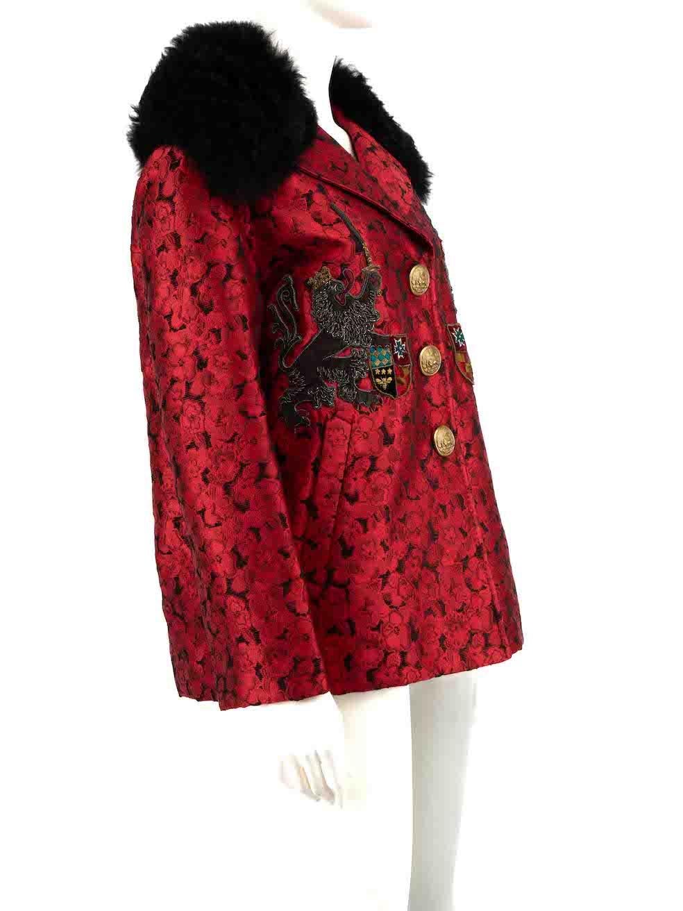 CONDITION is Very good. Hardly any visible wear to jacket is evident on this used Dolce & Gabbana designer resale item.
 
 Details
 Red
 Viscose
 Oversized jacket
 Mid length
 Floral jacquard pattern
 Embroidery detail
 Buttoned detachable fur