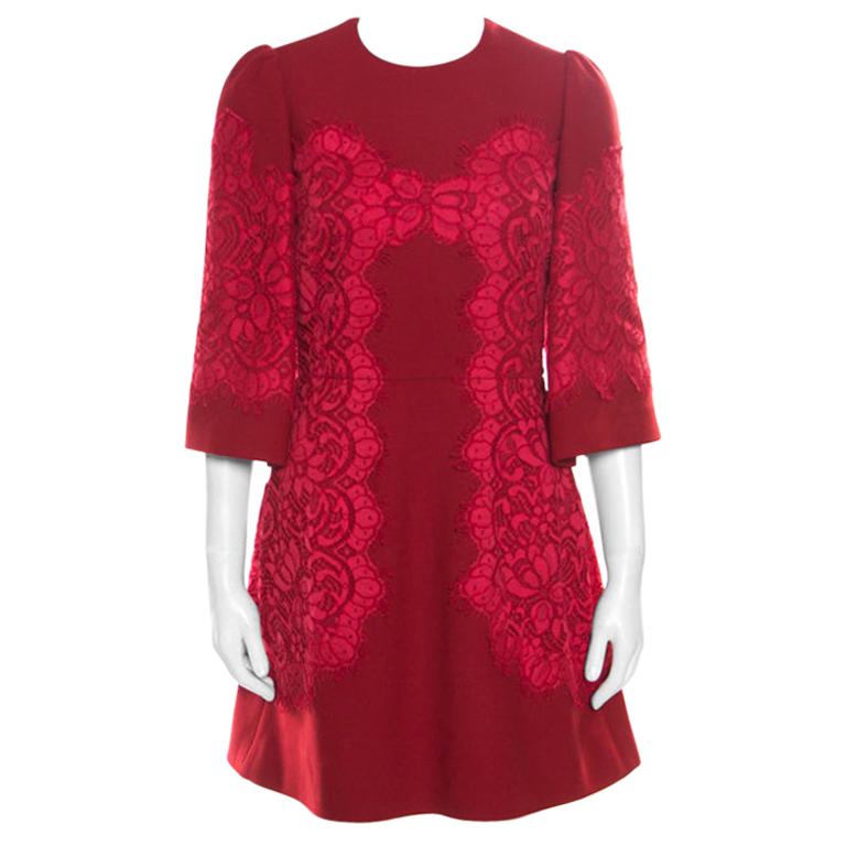 Dolce & Gabbana Red Floral Lace Applique Detail Fit and Flare Dress S