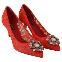 Dolce & Gabbana Red Floral Lace Leather Shoes Heels Pumps With Crystals Jewels