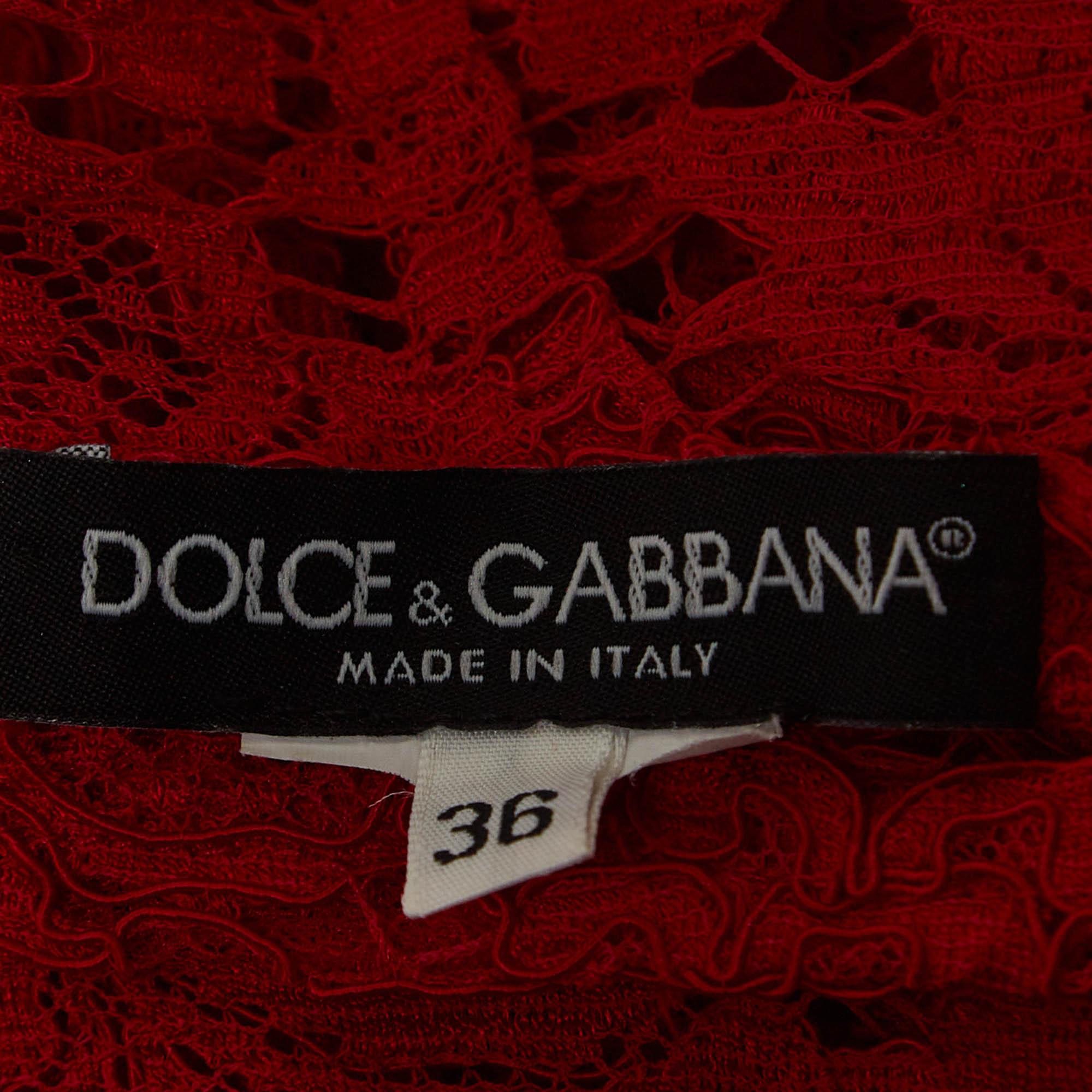 Women's Dolce & Gabbana Red Floral Pattern Lace Long Sleeve Midi Dress XS